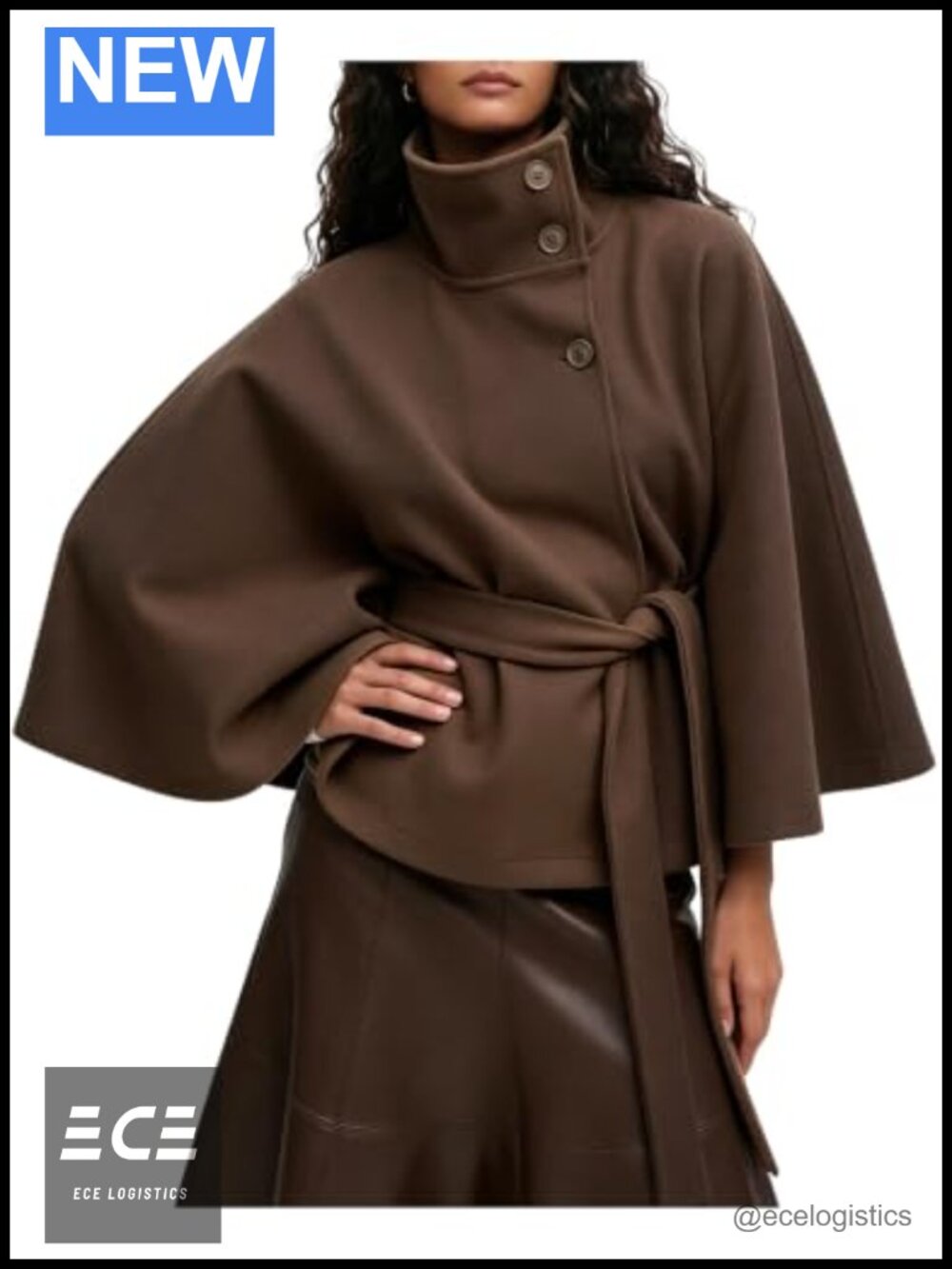 Women's Batwing Sleeve Poncho Cape Coat Belted Wool Blend Pea Coat